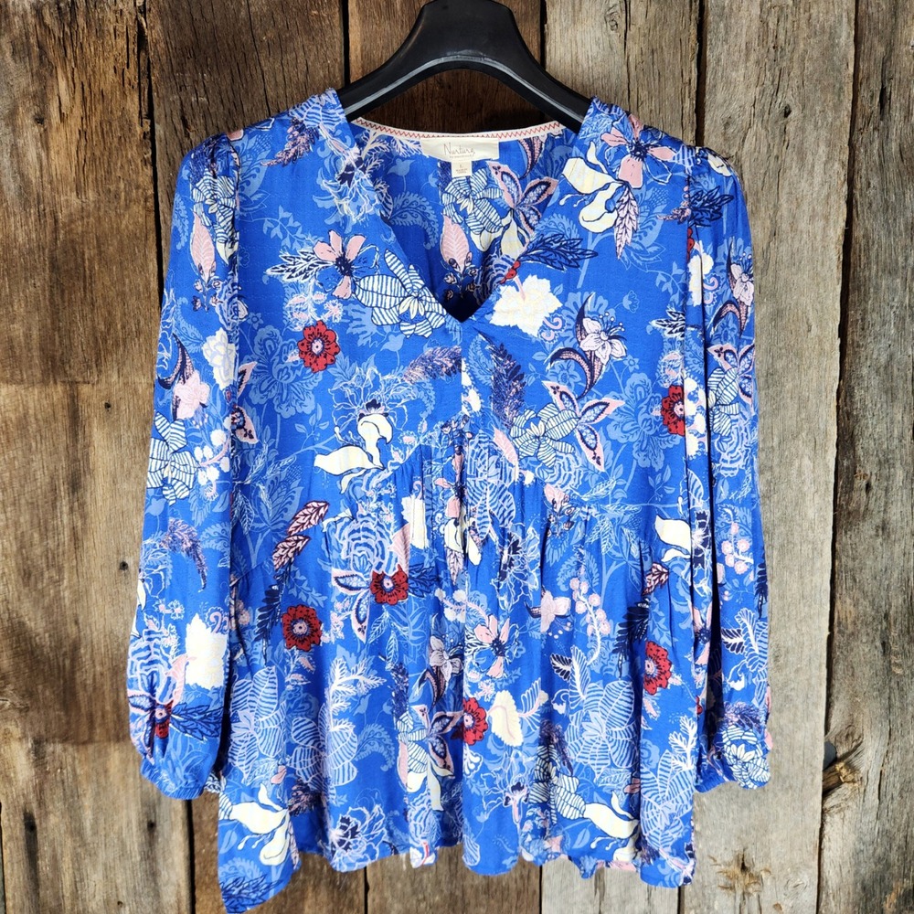 Nurture by Westbound Blue‎ Floral V-Neck Peasant Blouse Boho Top Large